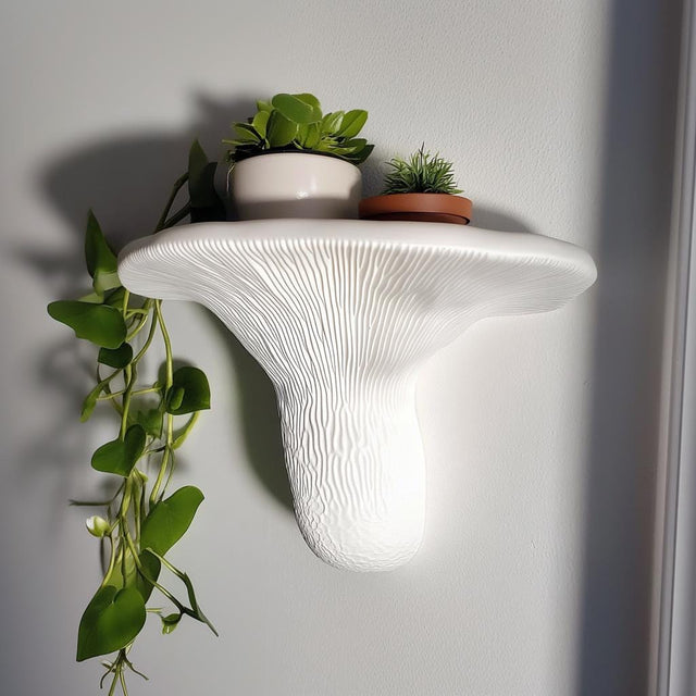 White layered mushroom-inspired 3D printed wall shelf with a ribbed underside and curved ledge.