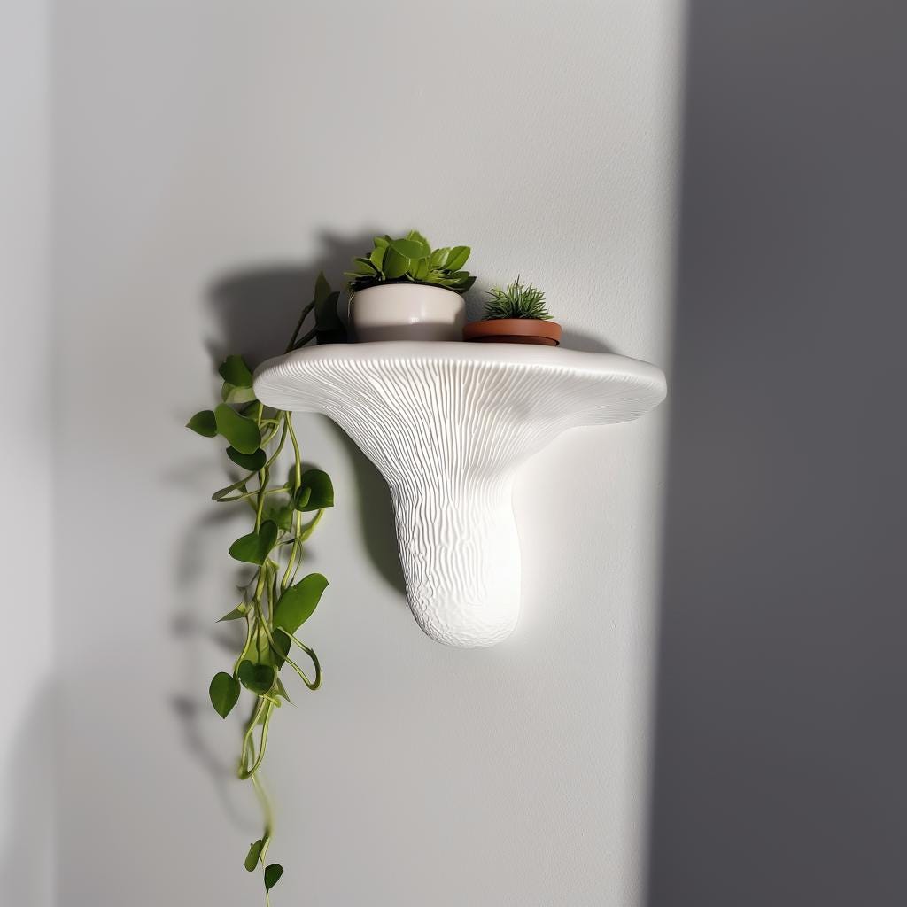 Product detail view of 3D Printed Layered Mushroom Wall Shelf.