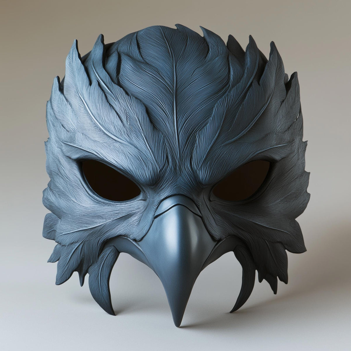 3D printed Gothic raven mask with layered feather texture and an elongated sculpted beak.