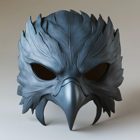 3D printed Gothic raven mask with layered feather texture and an elongated sculpted beak.