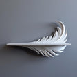 3D printed white wall shelf with a sculptural feather-shaped support beneath a slim ledge.