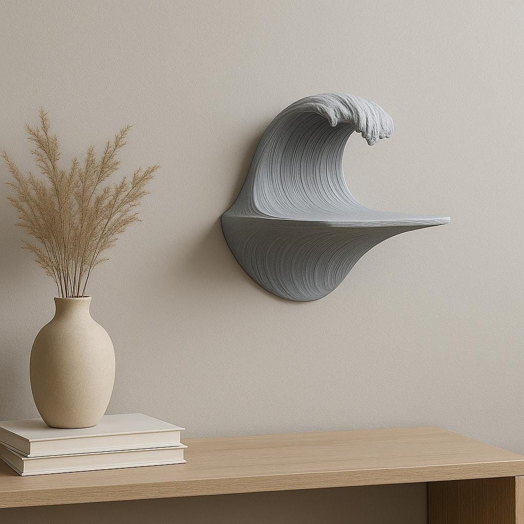 Product detail view of 3D Printed Ocean Wave Wall Shelf.