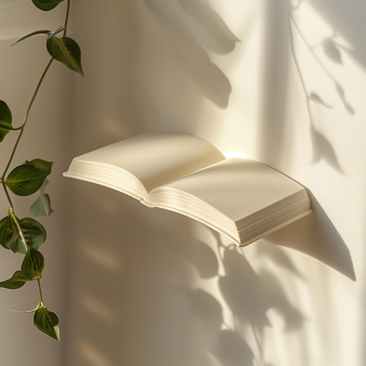 3D printed wall shelf shaped like an open book.