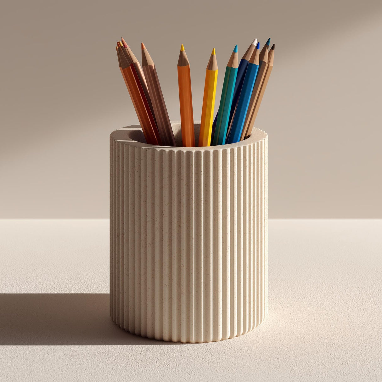 Cream-colored cylindrical 3D printed pencil holder with vertical ribbed grooves.