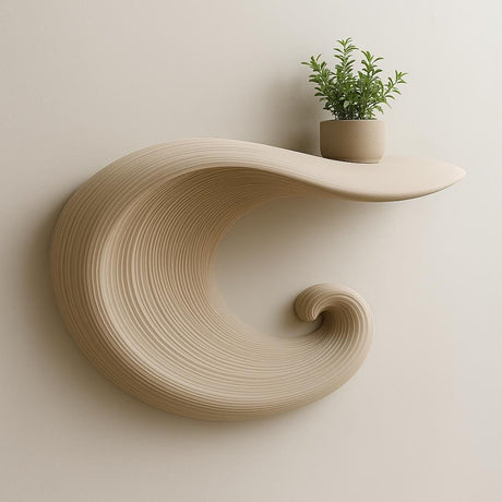 A beige 3D printed floating shelf in the shape of a curling wave.
