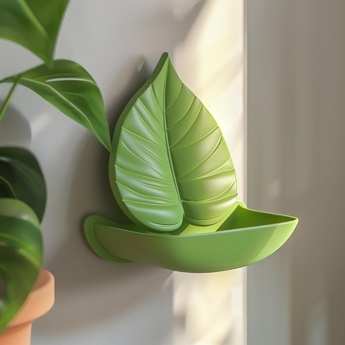 3D printed leaf-shaped wall shelf made of matte green PLA plastic.