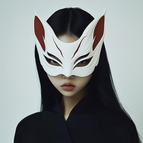 3D printed Kitsune half mask with pointed fox features and Japanese warrior-inspired details.
