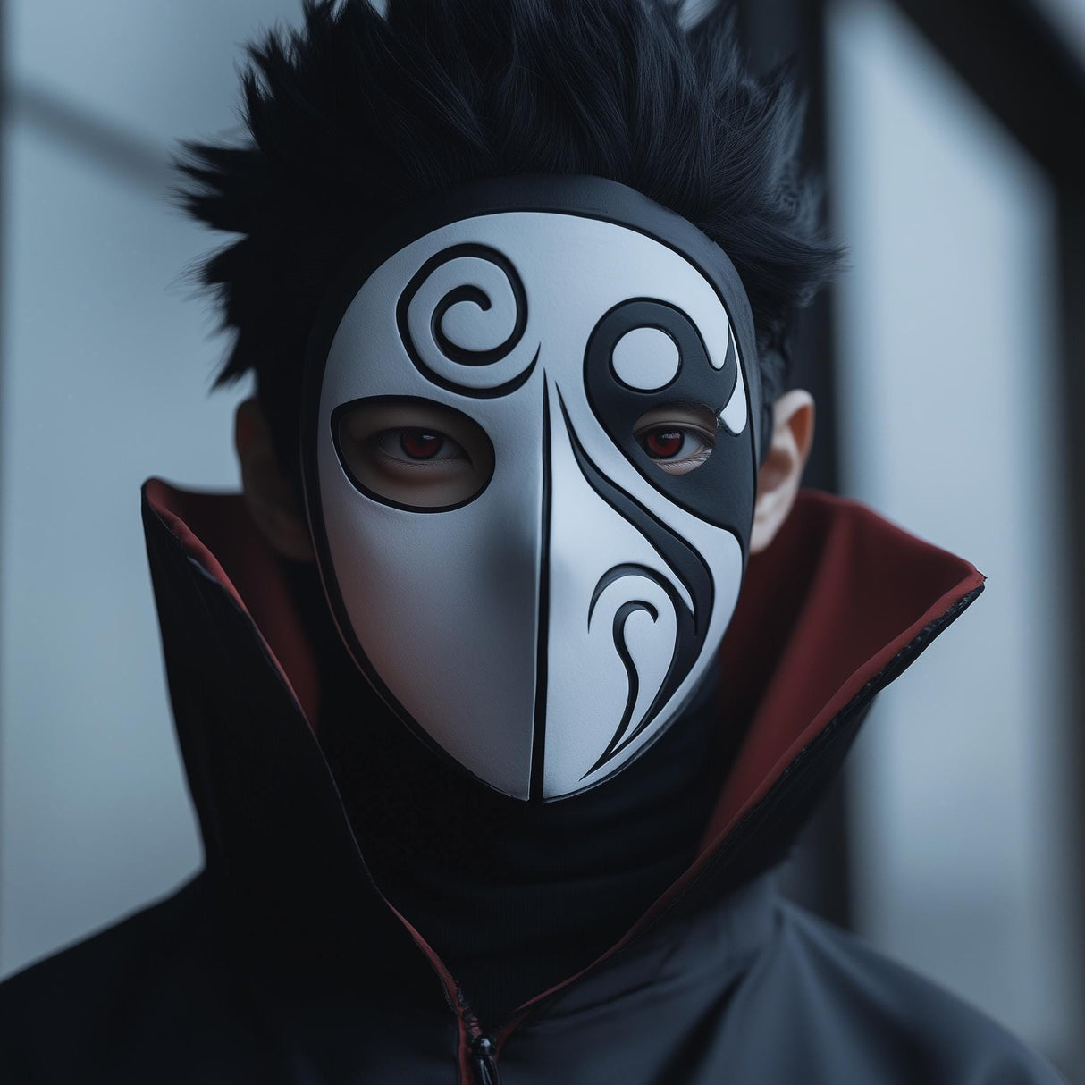 3D printed anime-inspired cosplay mask with a bold spiral pattern across the face.