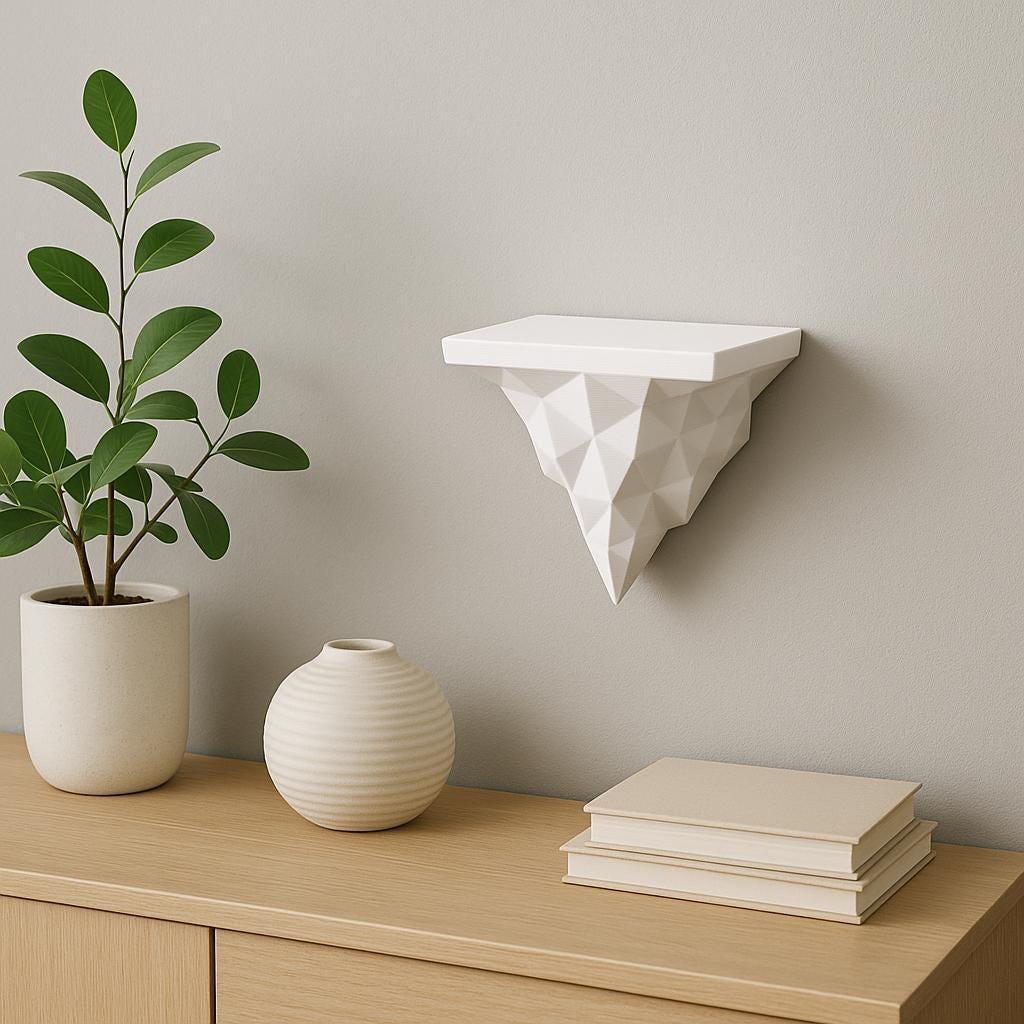A white 3D printed wall shelf with a faceted and geometric triangle base.