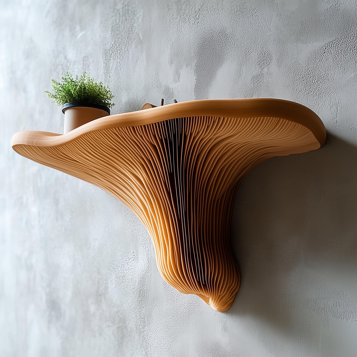 3D printed mushroom wall shelf with detailed gills beneath a broad cap-shaped ledge.