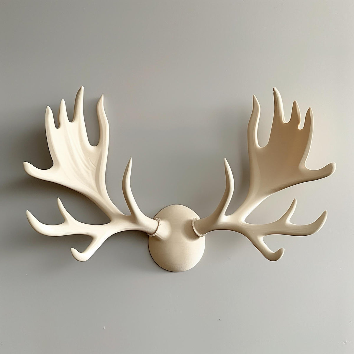 3D printed wall decor shaped like stylized cream-colored moose antlers in three pieces (two antlers and a round base).