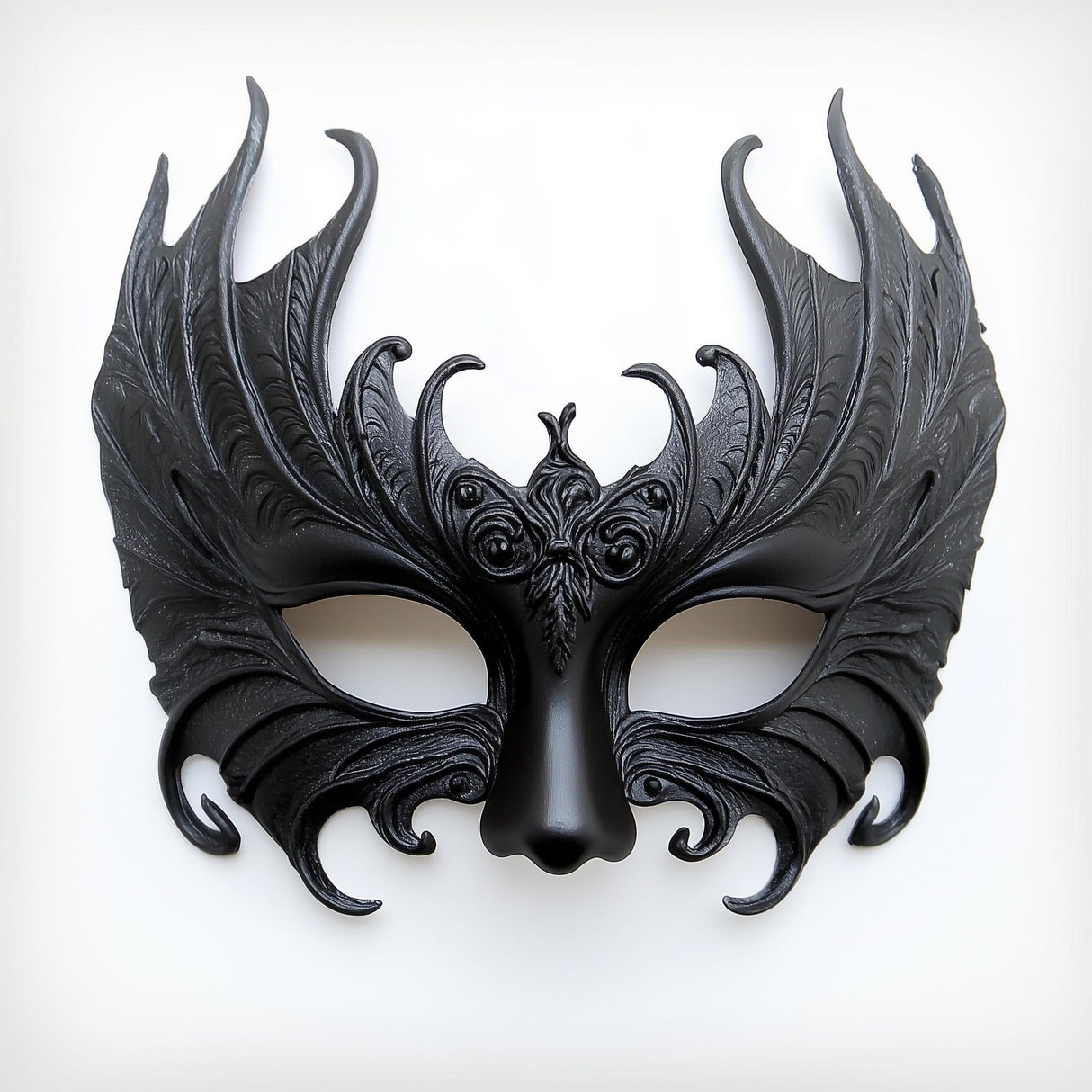 3D printed Gothic masquerade half mask with dark sculptural patterns around the eyes and cheeks.