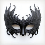 3D printed Gothic masquerade half mask with dark sculptural patterns around the eyes and cheeks.