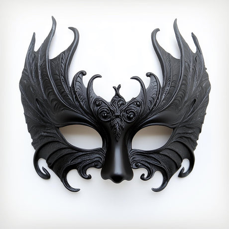 3D printed Gothic masquerade half mask with dark sculptural patterns around the eyes and cheeks.