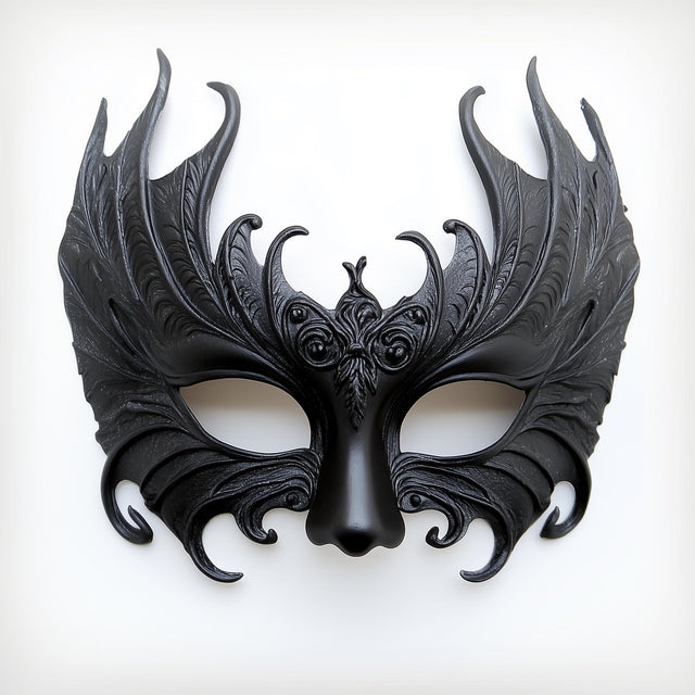 3D printed Gothic masquerade half mask with dark sculptural patterns around the eyes and cheeks.