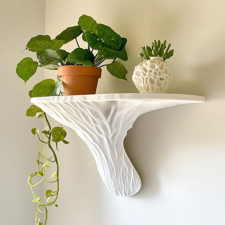 White 3D printed wall shelf inspired by the Deadly Galerina mushroom.