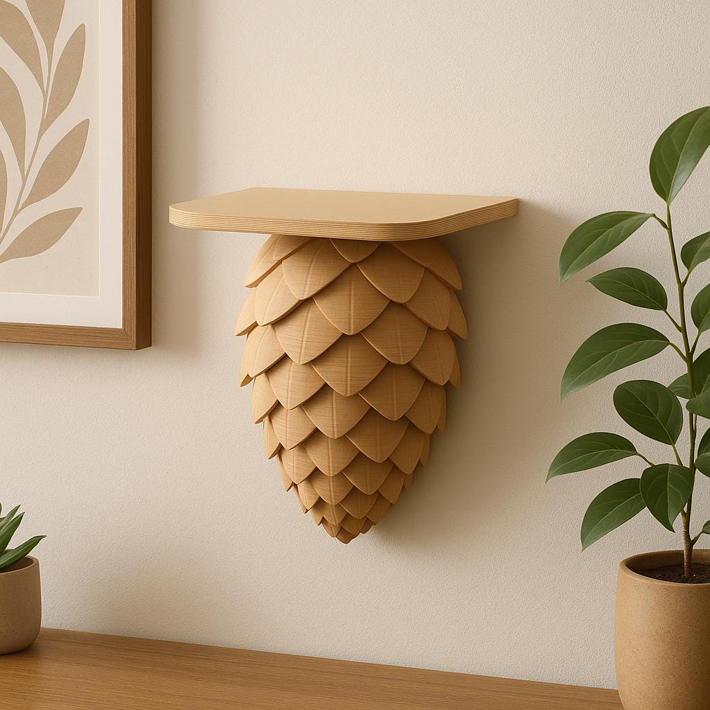 A wall-mounted shelf designed to resemble a pinecone, 3D printed in matte tan material.