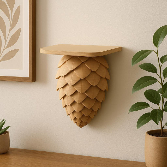 A wall-mounted shelf designed to resemble a pinecone, 3D printed in matte tan material.