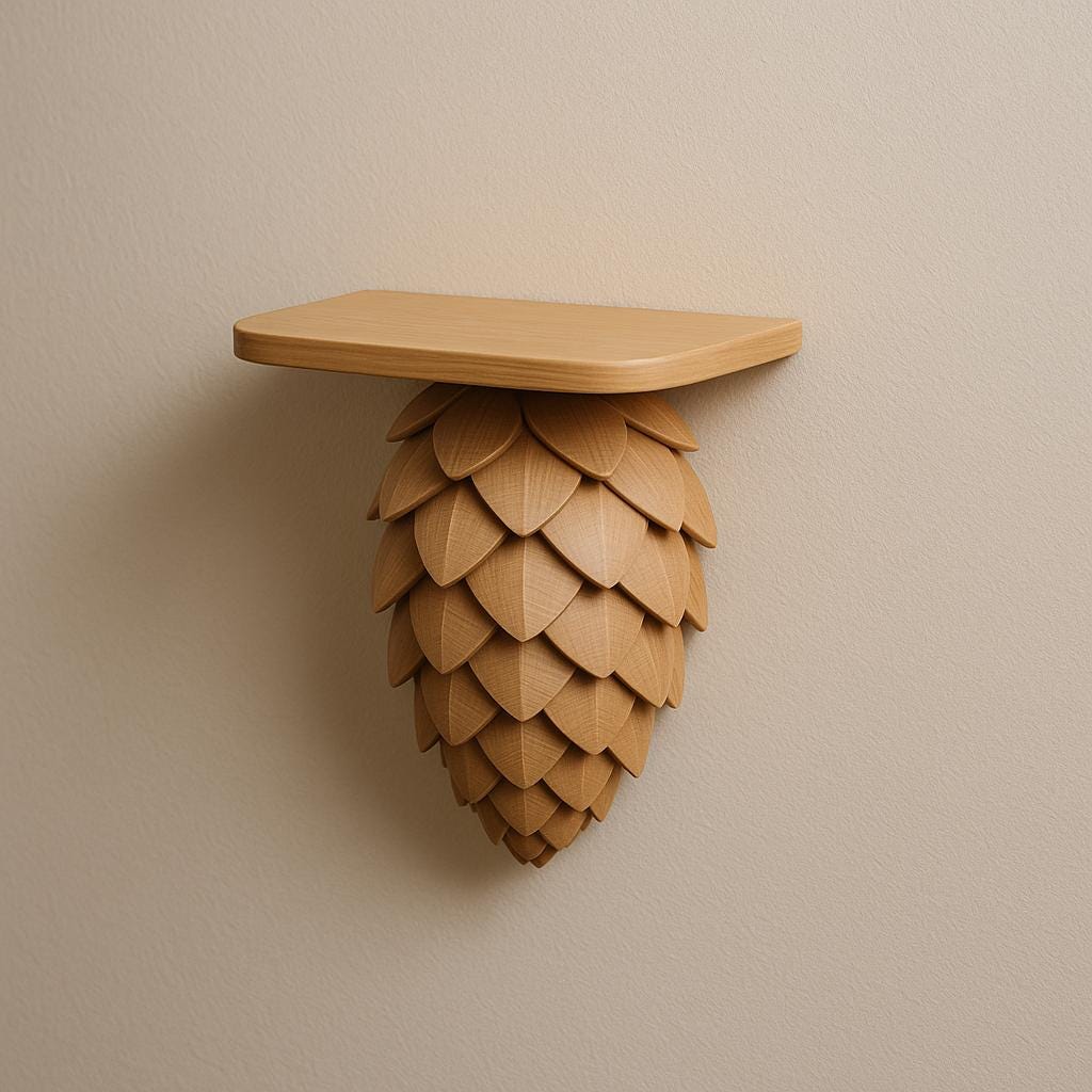 Product presentation view of 3D Printed Pinecone Wall Shelf.