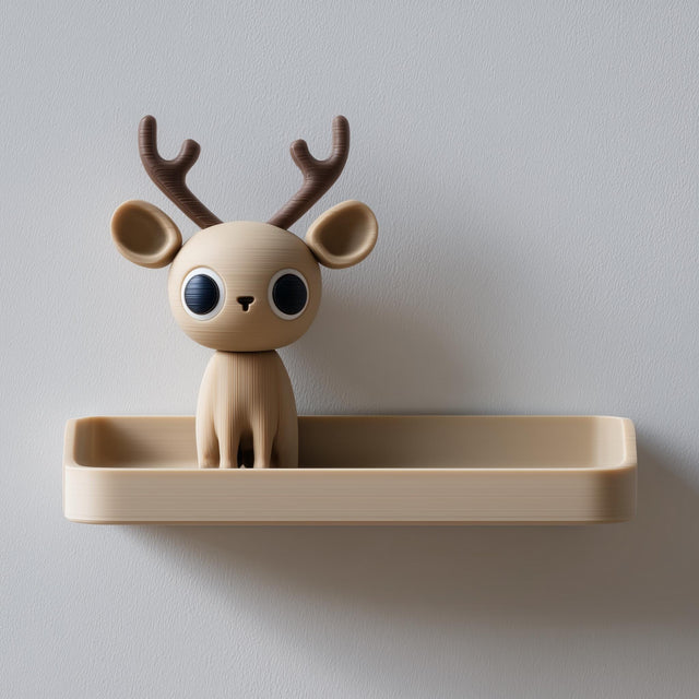 3D printed wall shelf with a small deer character with tall antlers sitting in a shallow tray.