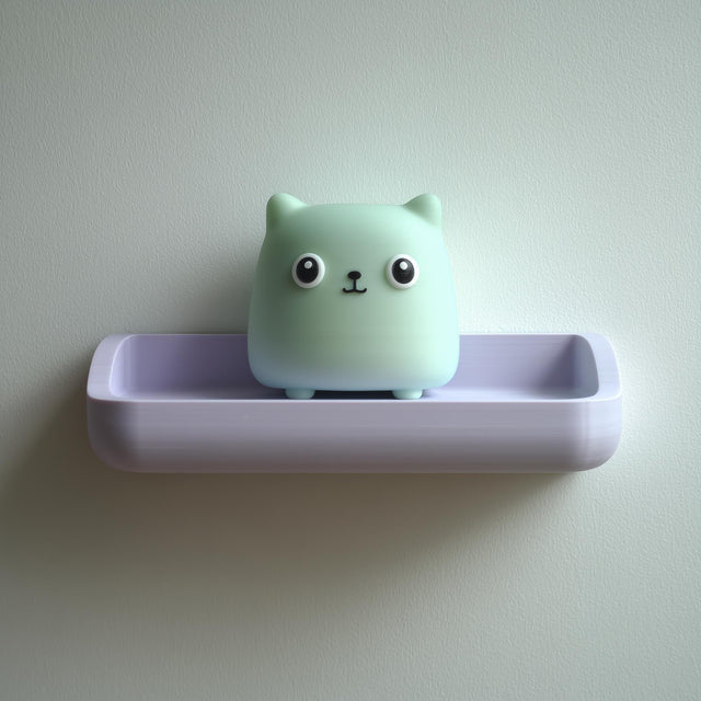 3D printed wall shelf with a small cube cat character sitting in a rounded tray-like ledge.