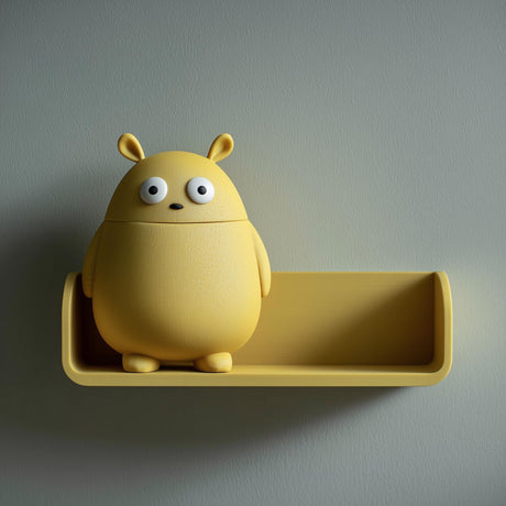3D printed wall shelf with a tray-style ledge and a round monster container whose head lifts off for storage.