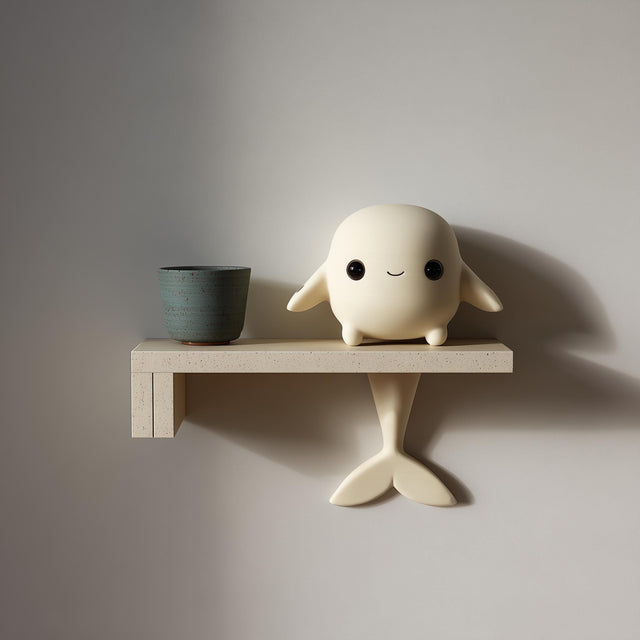 3D printed wall shelf with a small whale character on the ledge and a tail fin support beneath.