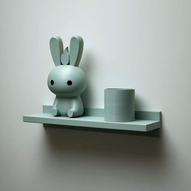 3D printed wall shelf with a slim back-edged ledge holding a rounded bunny character and a cylinder pot.