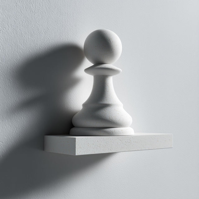 3D printed wall shelf with a large minimalist chess pawn integrated into a small rectangular ledge.