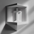 3D printed matte PLA corner wall niche with an integrated cross standing inside a small geometric shelf.