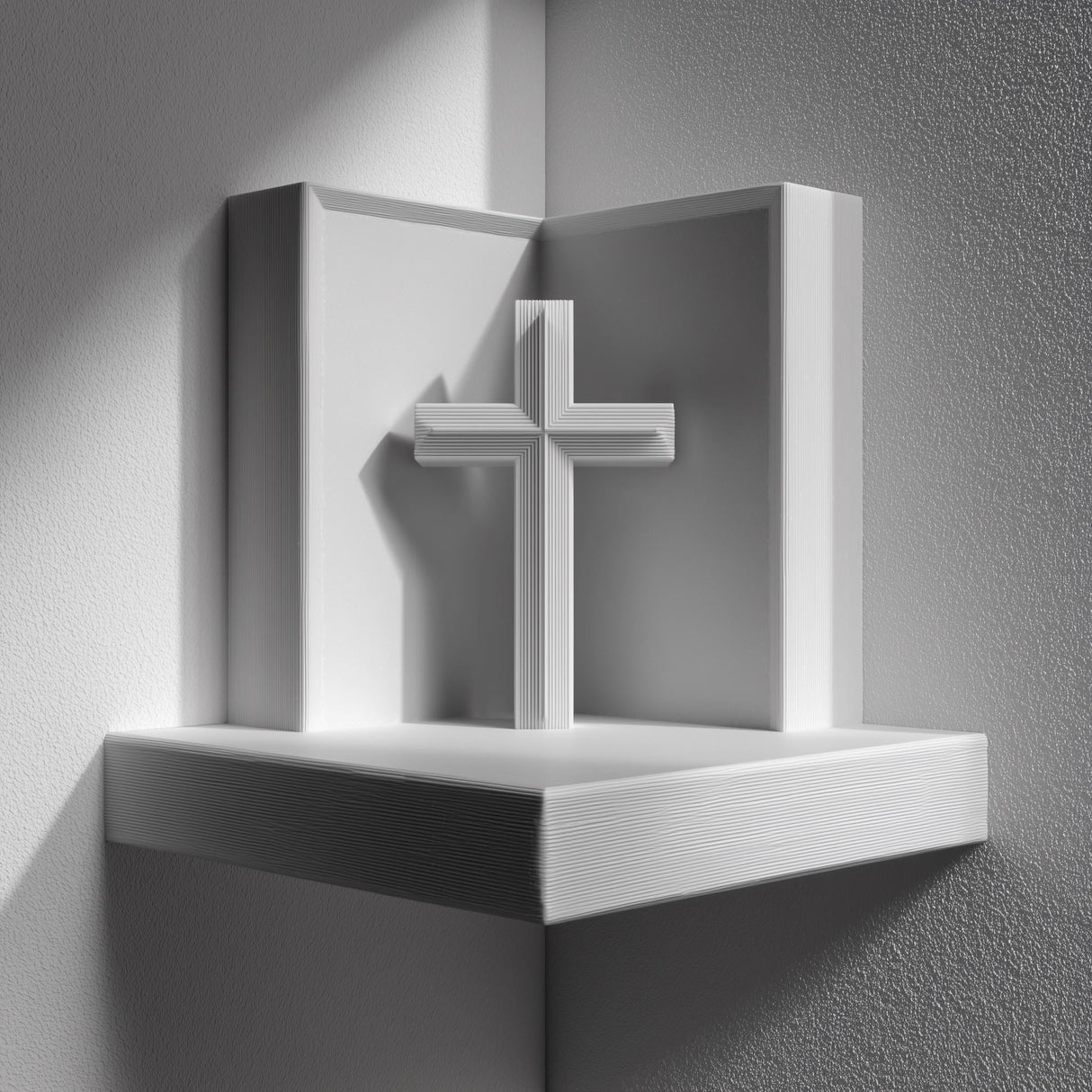3D printed matte PLA corner wall shelf with a simple cross standing in a three-sided niche.