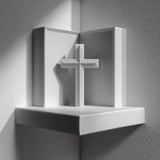3D printed matte PLA corner wall shelf with a simple cross standing in a three-sided niche.