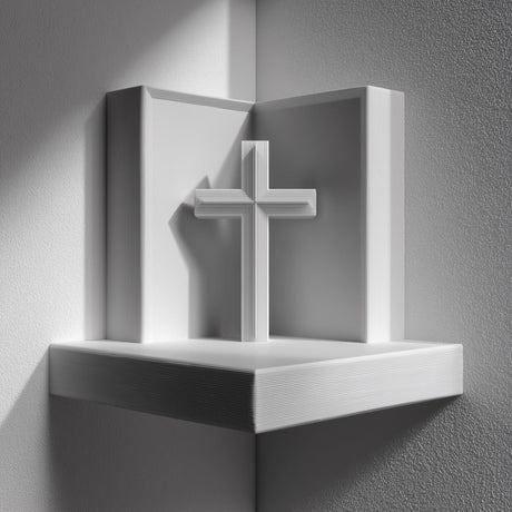 3D printed matte PLA corner wall shelf with a simple cross standing in a three-sided niche.
