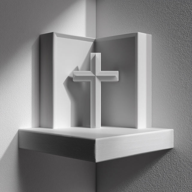 3D printed matte PLA corner wall shelf with a simple cross standing in a three-sided niche.