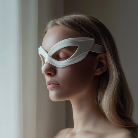Futuristic lens-free 3D printed eye-mask frame with a sculptural wraparound shape.