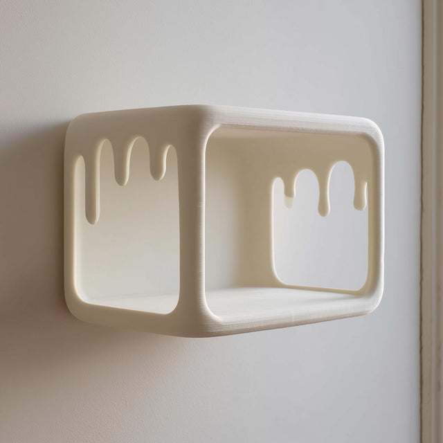 Open rectangular 3D printed wall shelf with dripping cutout edges made of matte PLA plastic.