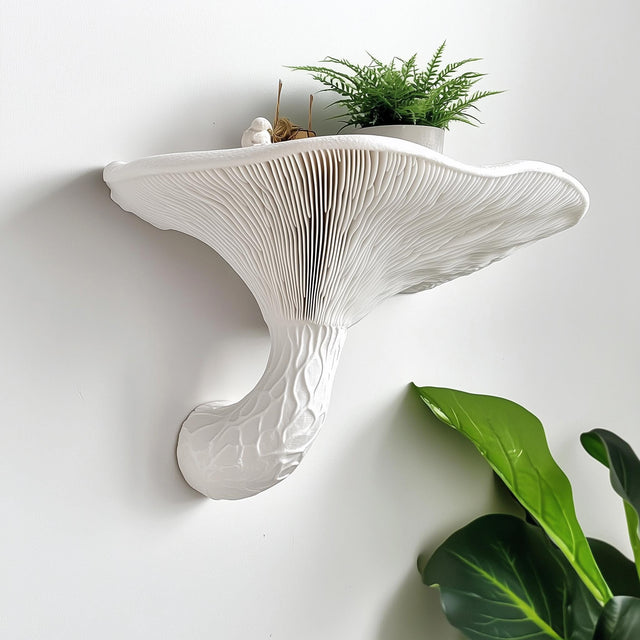 White 3D printed wall shelf inspired by honey mushroom with textured gills and curved stem, holding a small potted plant.
