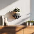 3D printed pyramid-shaped wall shelf in black, holding a small plant pot.