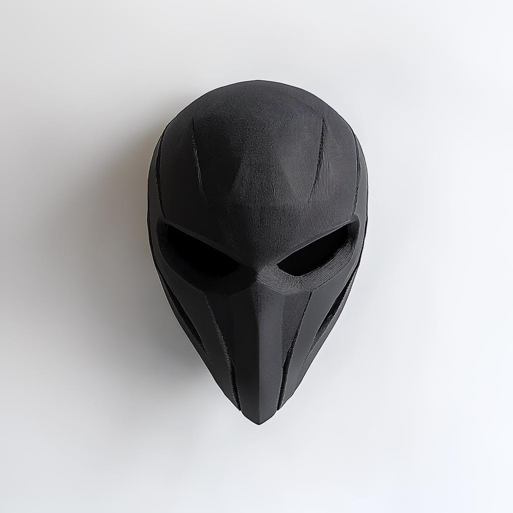 Product detail view of 3D Printed Tactical Supervillain Mask.
