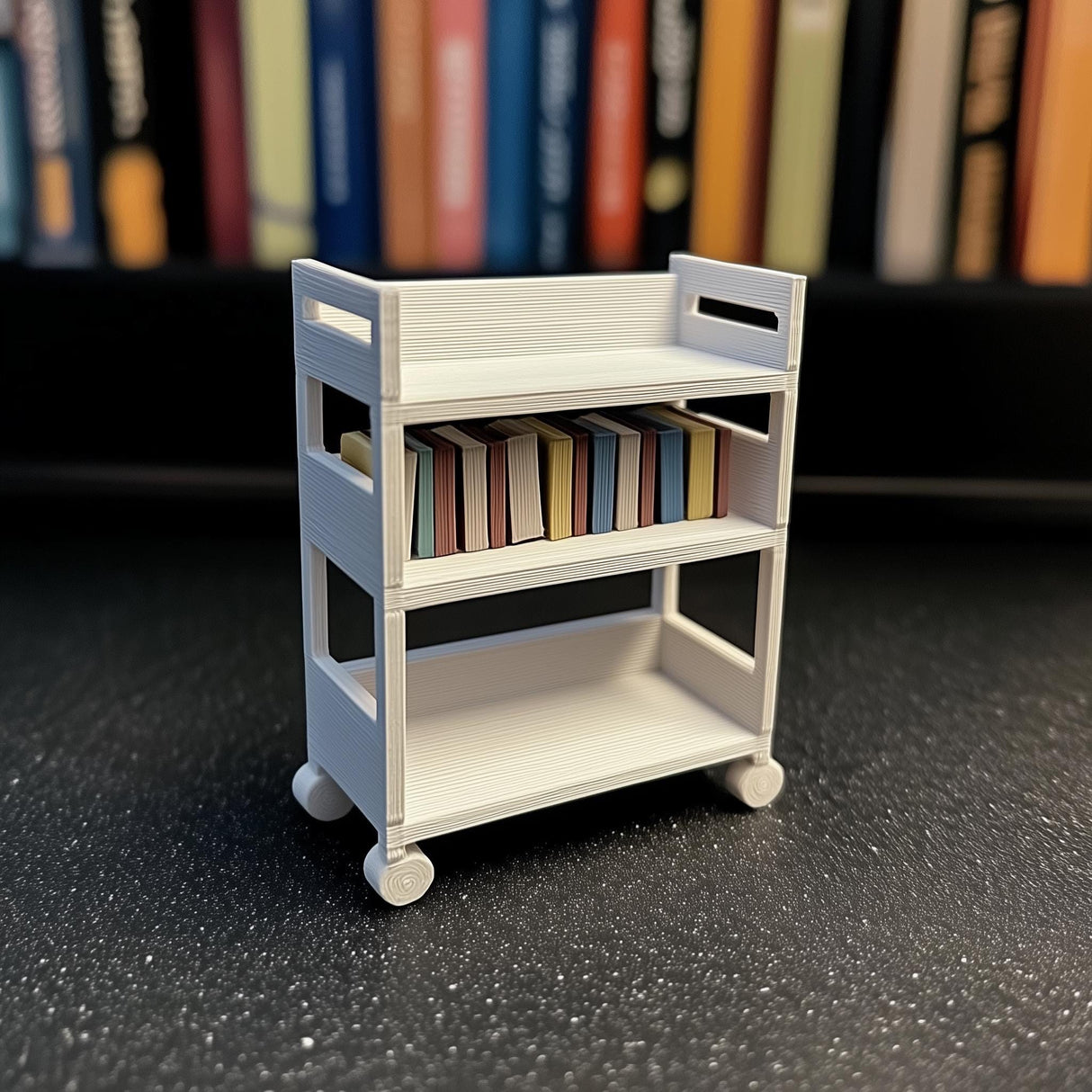 Product presentation view of 3D Printed 1:12 Dollhouse Library Cart.