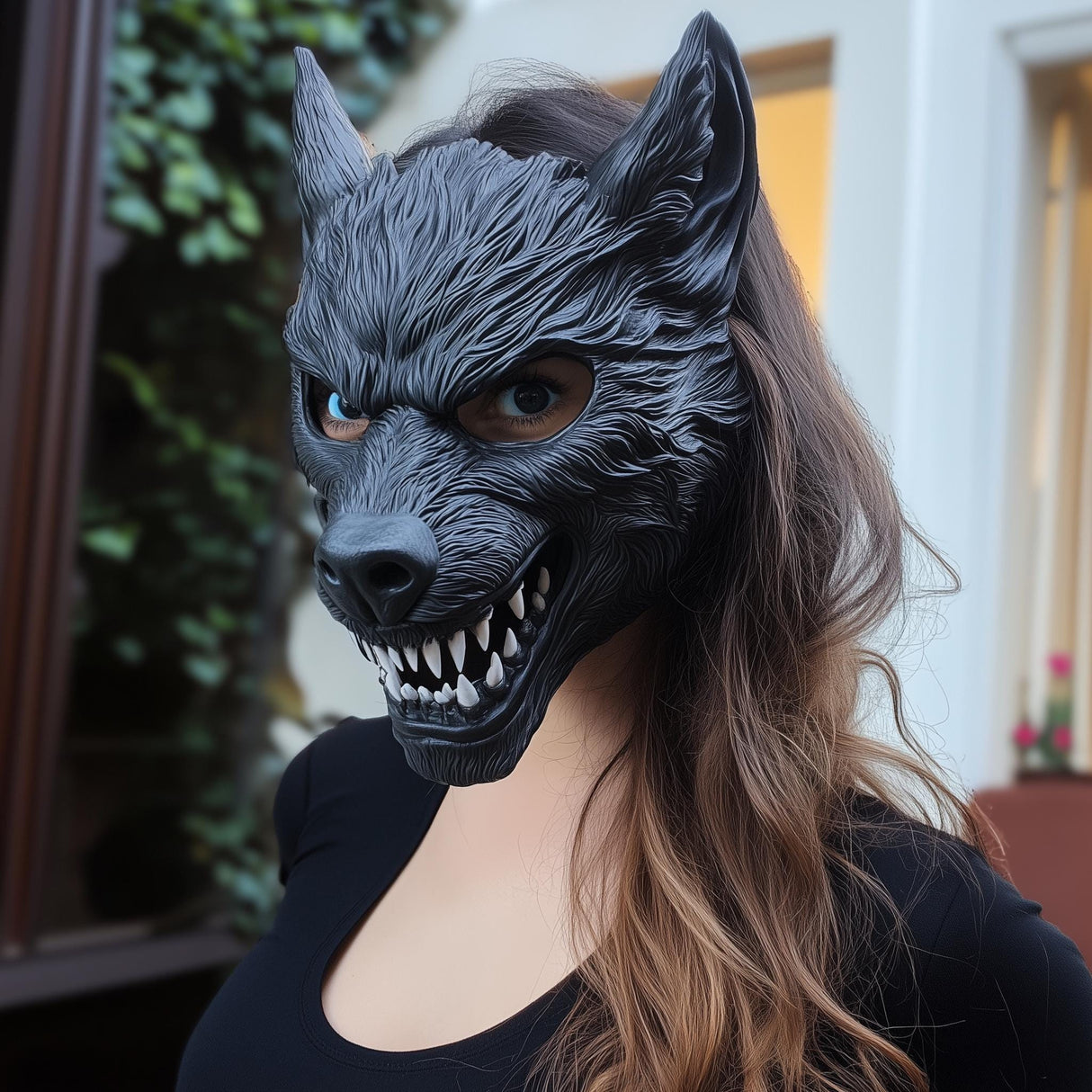 Woman wearing a detailed black 3D printed werewolf mask with sharp teeth and pointed ears, posing outdoors in a dark outfit.