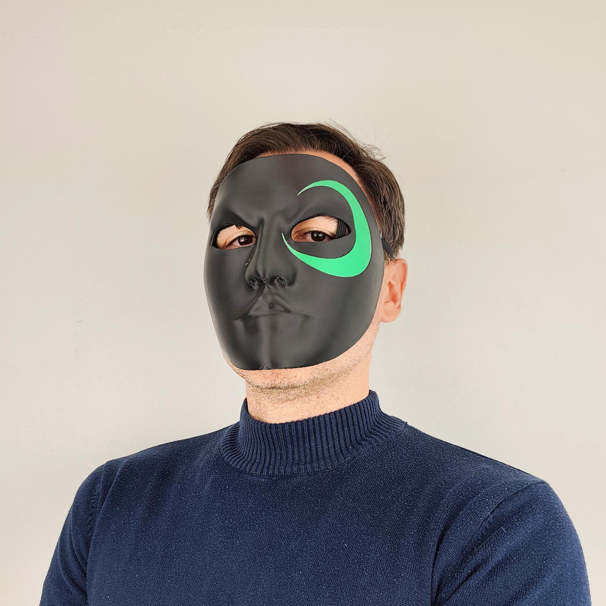 Product presentation view of 3D Printed Black Full Face Cosplay Mask.