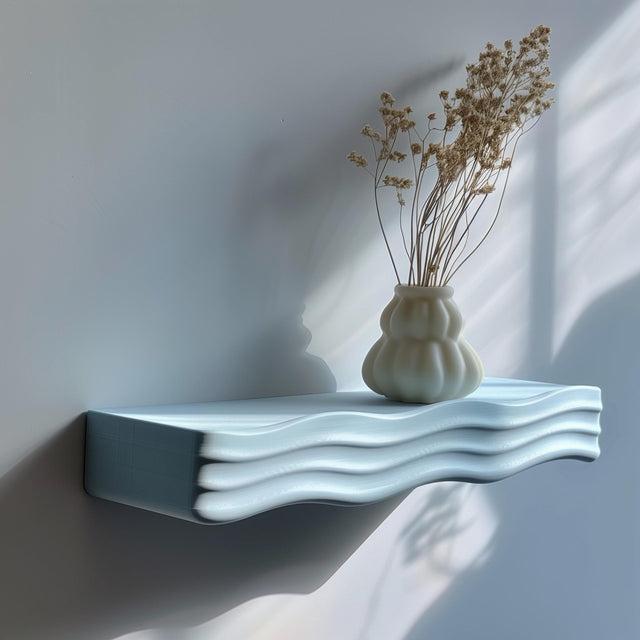 Wavy 3D printed wall shelf with a ripple-shaped support holding a decorative vase.