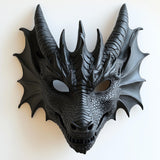 3D printed fantasy dragon mask with curved horns, scale texture and an open-mouth design.