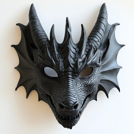 3D printed fantasy dragon mask with curved horns, scale texture and an open-mouth design.