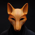 3D printed fox mask with minimalist animal design worn by an adult person, made of matte PLA plastic.