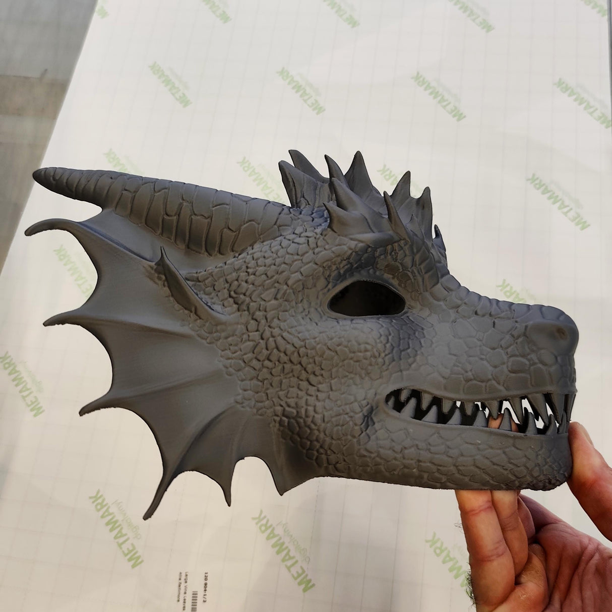 Product presentation view of 3D Printed Dragon Mask.