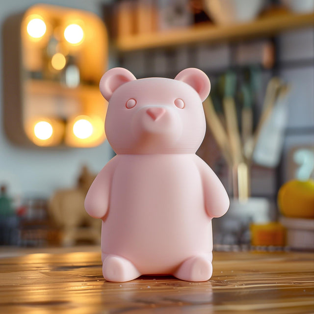 Minimal 3D printed bear figurine with a smooth matte silhouette on a wooden surface.