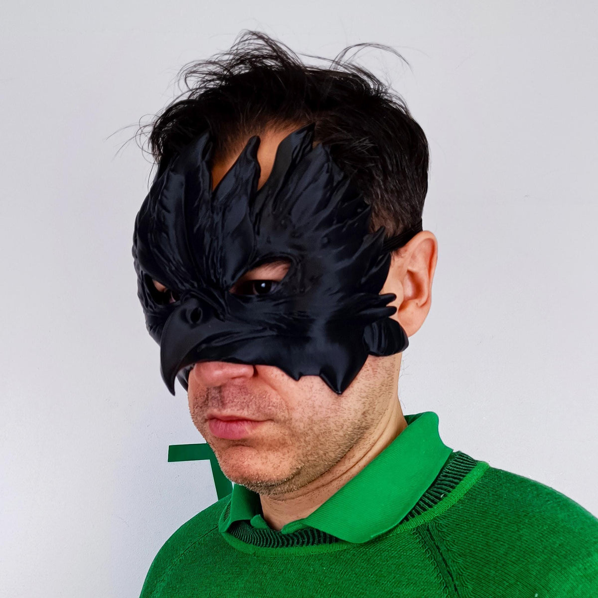 Product detail view of 3D Printed Black Raven Beak Cosplay Mask.