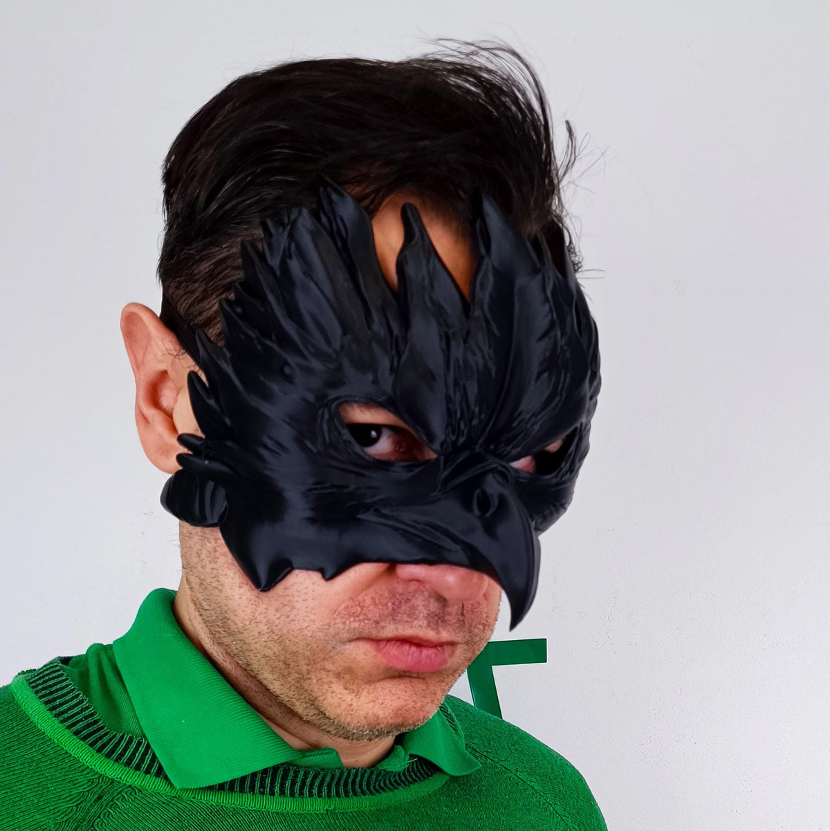 Alternate product presentation of 3D Printed Black Raven Beak Cosplay Mask.